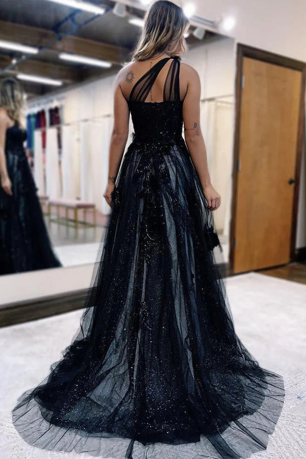 A-Line One Shoulder Black Long Prom Dress With 3D Appliques