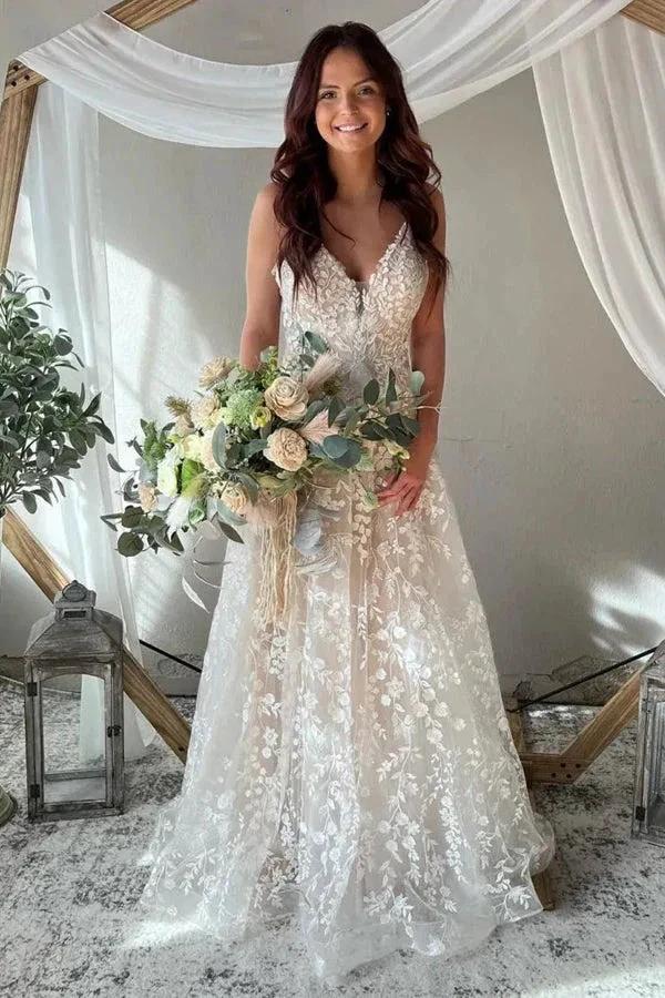 A-Line Spaghetti Straps Key Hole Back Elegant Wedding Dress (ZD16094) - VelvetHem