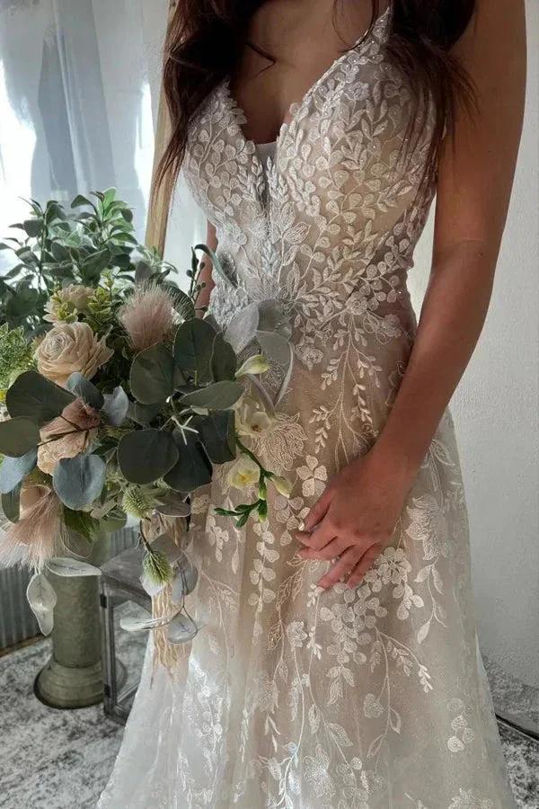 A-Line Spaghetti Straps Key Hole Back Elegant Wedding Dress (ZD16094)