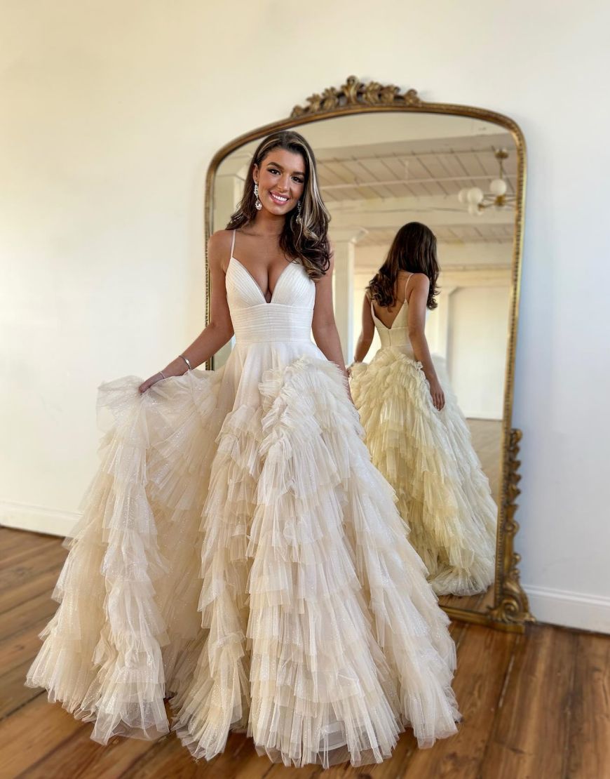 A-Line V-Neck Spaghetti Straps Long Tiered Tulle Prom Dress