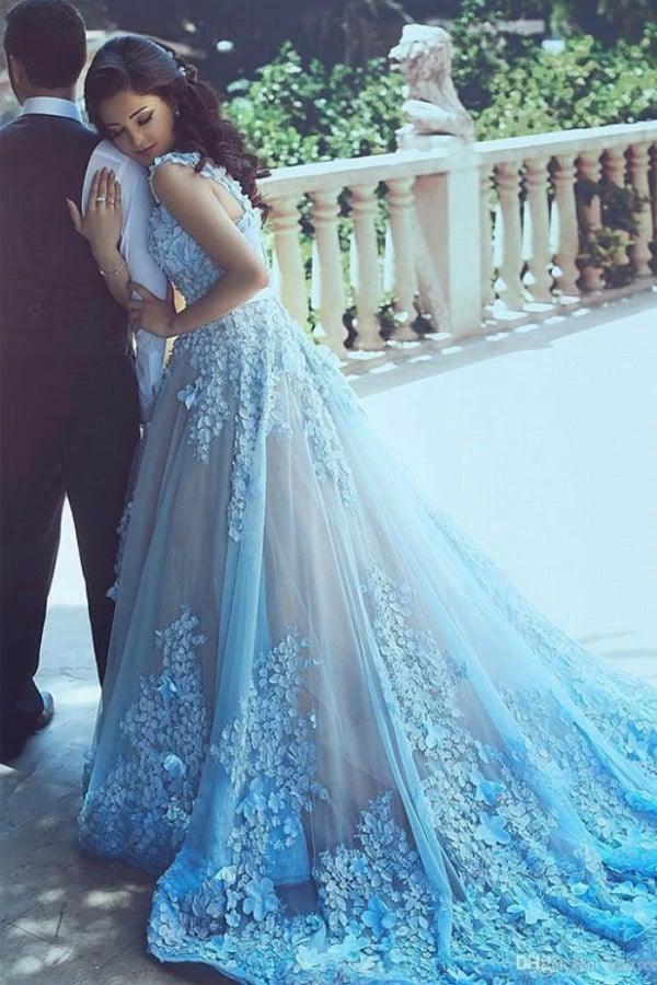 A-Line Square Chapel Train Sleeveless Blue Tulle Wedding Dress (ZD15490)
