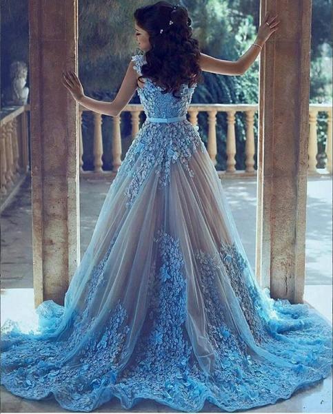 A-Line Square Chapel Train Sleeveless Blue Tulle Wedding Dress (ZD15490)