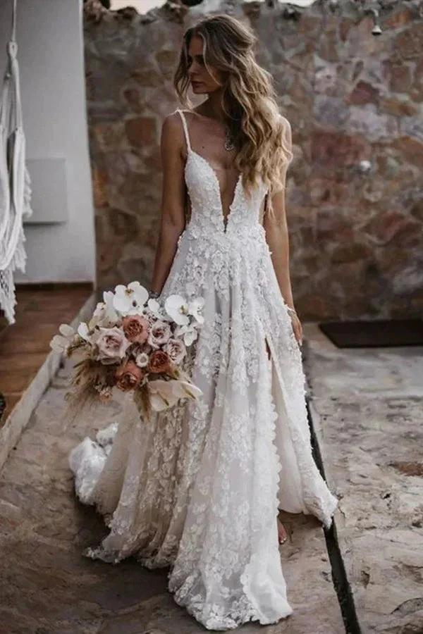 A-Line Straps Lace Beach Wedding Dress Boho Bridal Gown With Split (ZD16387)