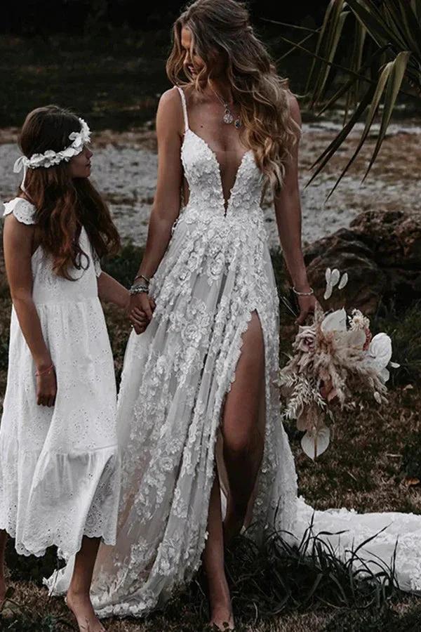 A-Line Straps Lace Beach Wedding Dress Boho Bridal Gown With Split (ZD16387) - VelvetHem