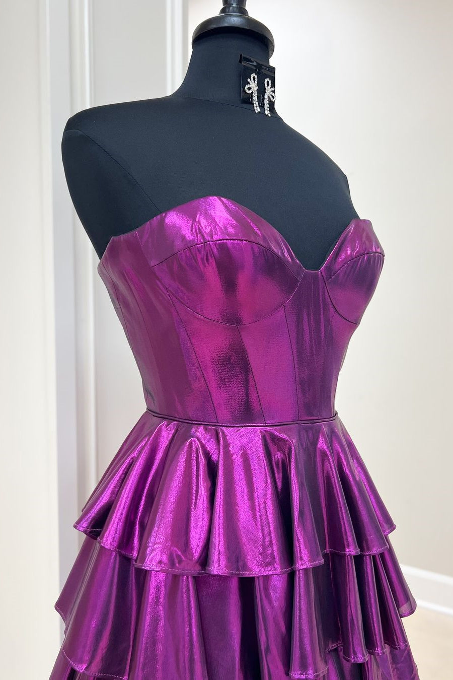 A-Line Sweetheart Sweep Train Tiered Metallic Prom Dress - View 2 | VelvetHem