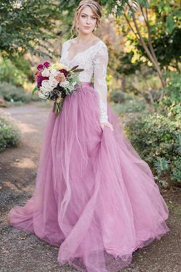 A-Line V-Neck Long Sleeves Pink Tulle Wedding Dress with Lace Appliques (ZD16249)