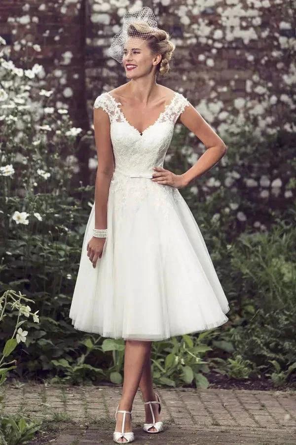 A-Line Wedding Dress Tea Length Lace Short Bridal Gown (ZD16078) - VelvetHem