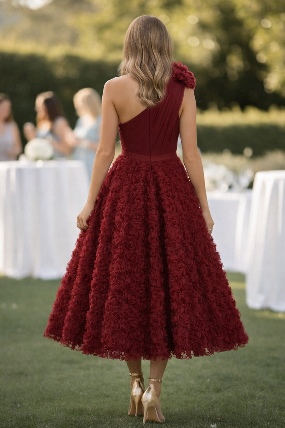 Burgundy One-Shoulder Tea-Length Formal Dress | Elegant A-Line Evening Gown with Belt