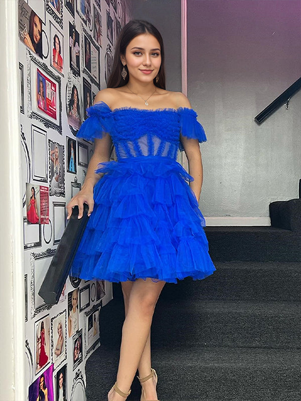 A-Line Off The Shoulder Lace Up Short Tulle Homecoming Dress - VelvetHem
