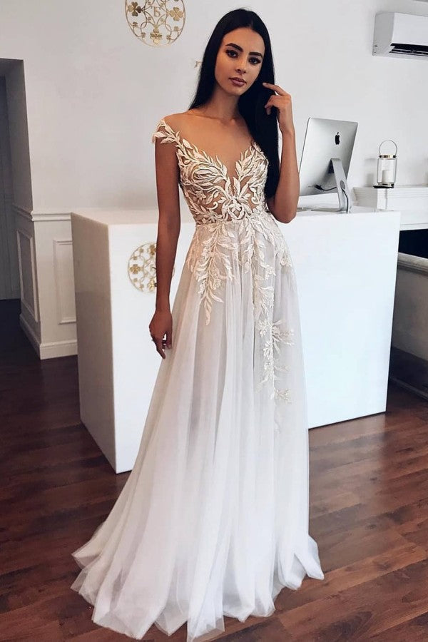 A-line Appliqued Tulle Beach Wedding Dress Sleeveless Pleated Bridal Gowns