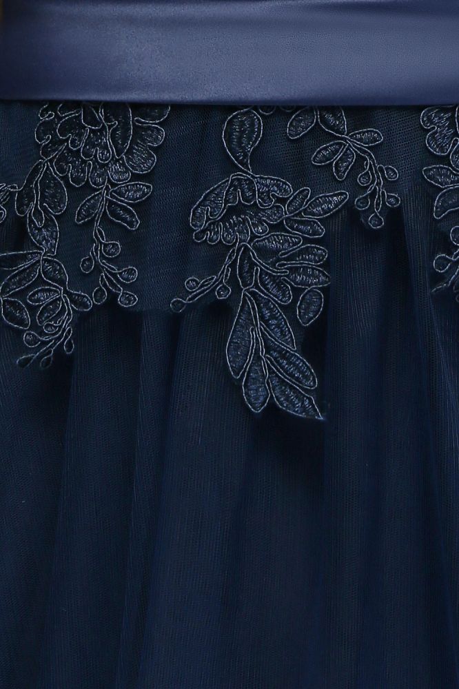 A-line Half Sleeves Floor Length Slit Appliqued Tulle Formal Dress with Sash
