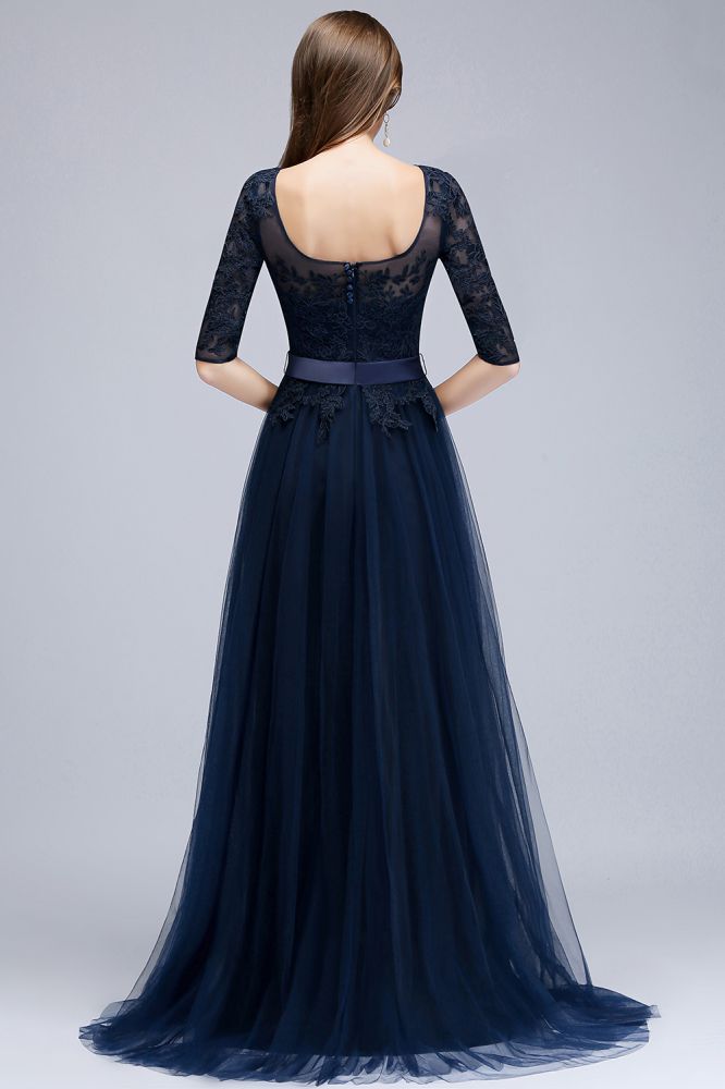A-line Half Sleeves Floor Length Slit Appliqued Tulle Formal Dress with Sash
