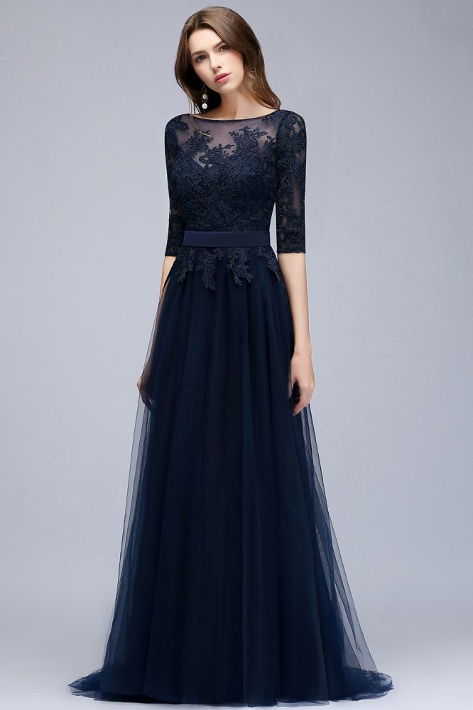 A-line Half Sleeves Floor Length Slit Appliqued Tulle Formal Dress with Sash