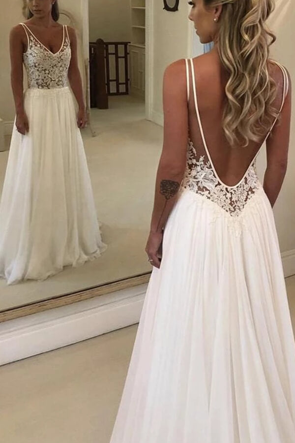 A-line Open Back V-neck Lace Chiffon Beach Wedding Dress