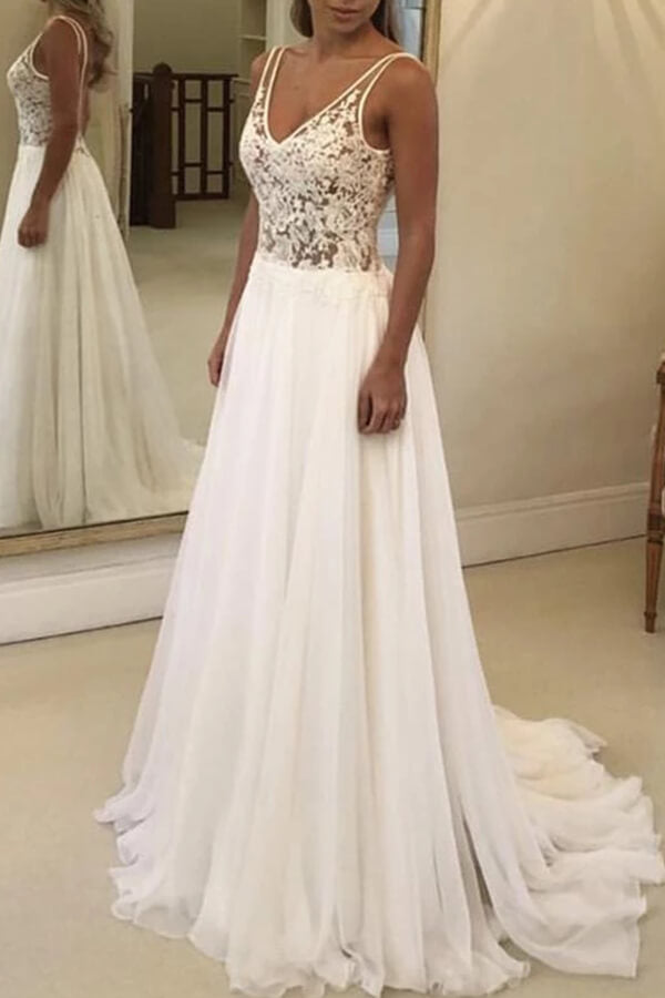 A-line Open Back V-neck Lace Chiffon Beach Wedding Dress