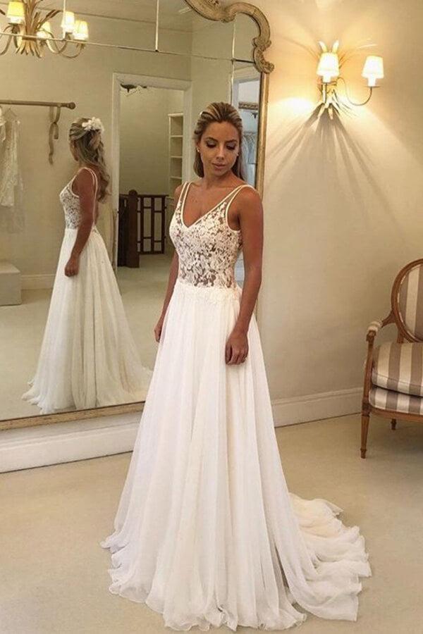 A-line Open Back V-neck Lace Chiffon Beach Wedding Dress