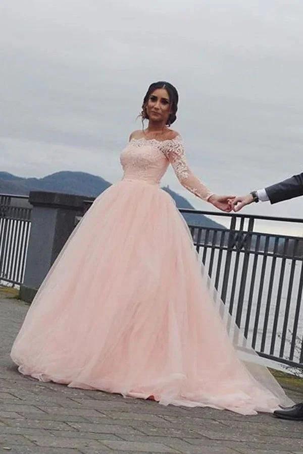 A-line Blush Pink Off Shoulder Long Sleeves Wedding Dress (ZD16136)