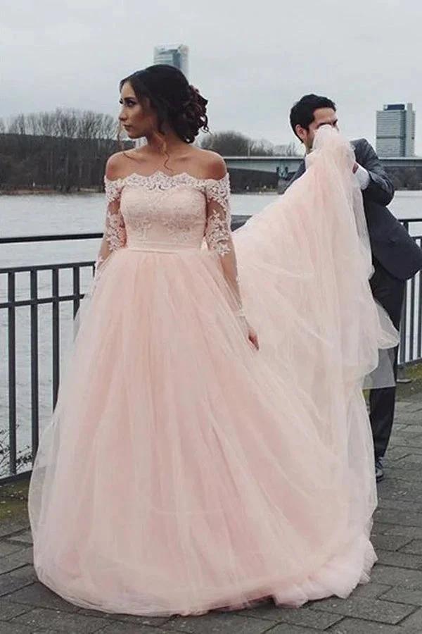 A-line Blush Pink Off Shoulder Long Sleeves Wedding Dress (ZD16136) - VelvetHem