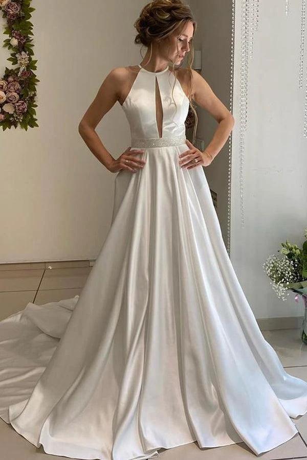 A-line Halter Neckline Backless Long Satin Wedding Dresses With Beading Belt (ZD16236) - VelvetHem