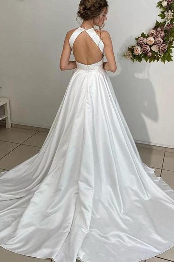 A-line Halter Neckline Backless Long Satin Wedding Dresses With Beading Belt (ZD16236)
