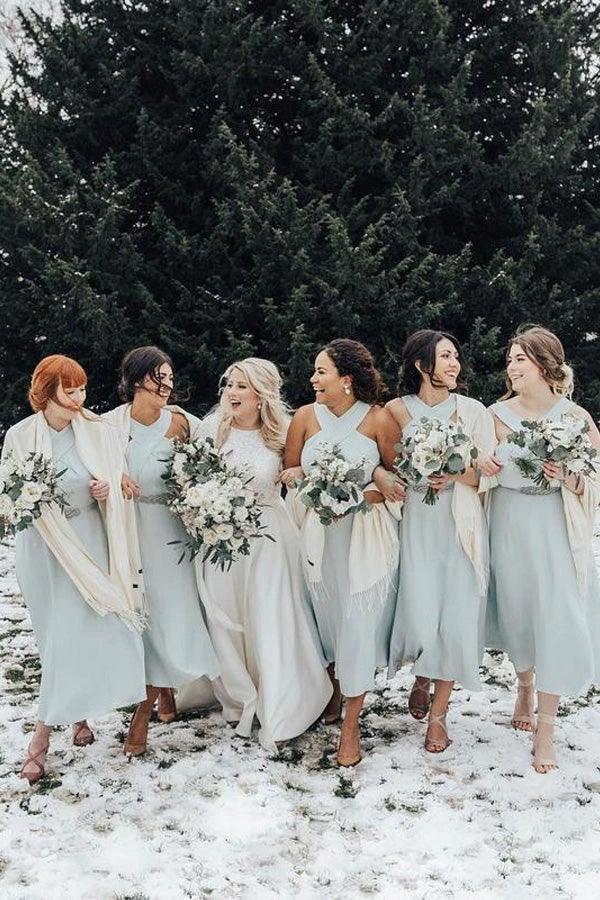 A-line Halter Pleated Chiffon Sleeveless Tea Length Bridesmaid Dresses (ZD13258) - VelvetHem