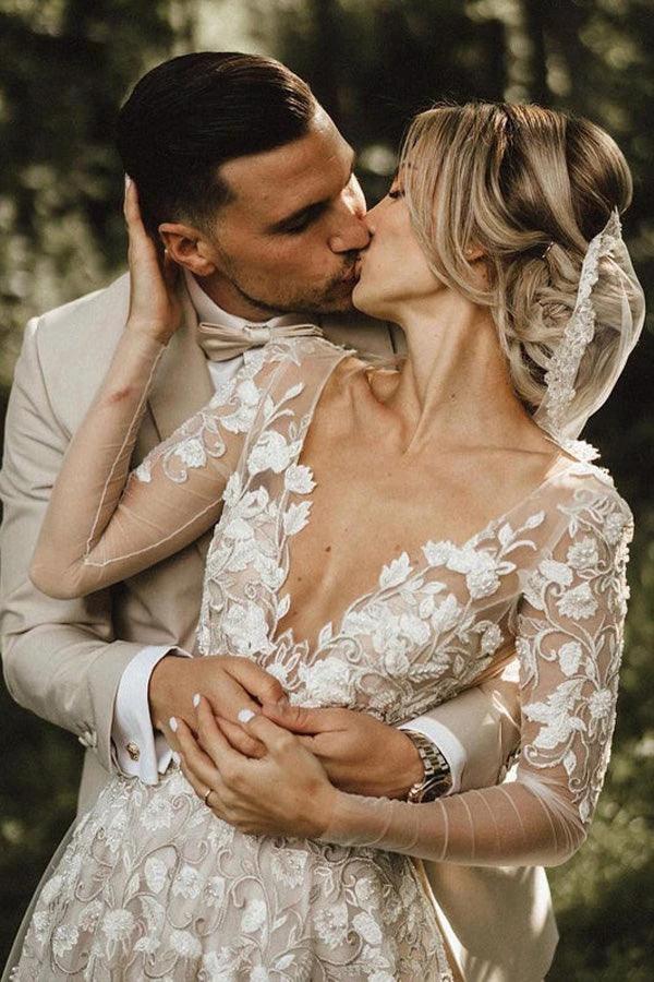 A-line Long Sleeves Wedding Dresses Lace V Neckline Bridal Gowns (ZD16220)