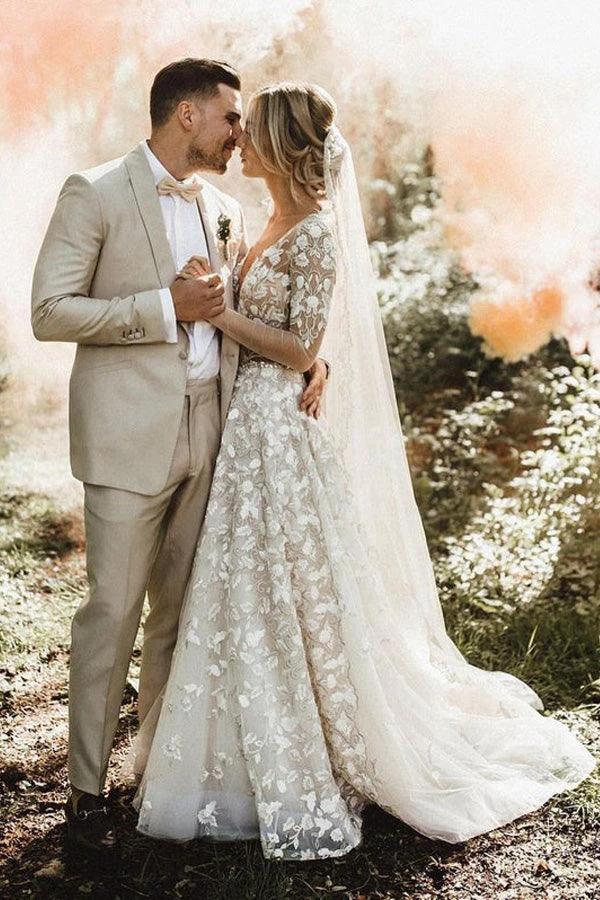 A-line Long Sleeves Wedding Dresses Lace V Neckline Bridal Gowns (ZD16220)