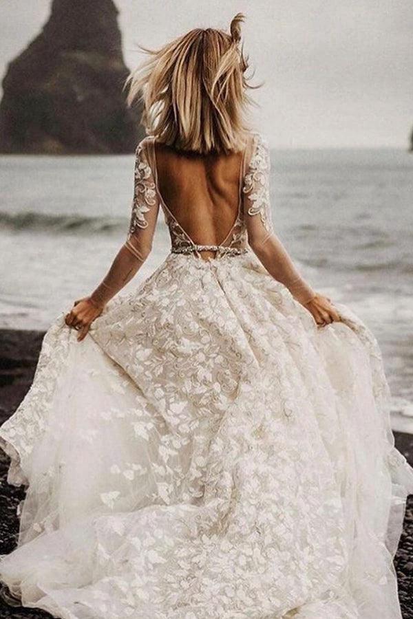 A-line Long Sleeves Wedding Dresses Lace V Neckline Bridal Gowns (ZD16220)