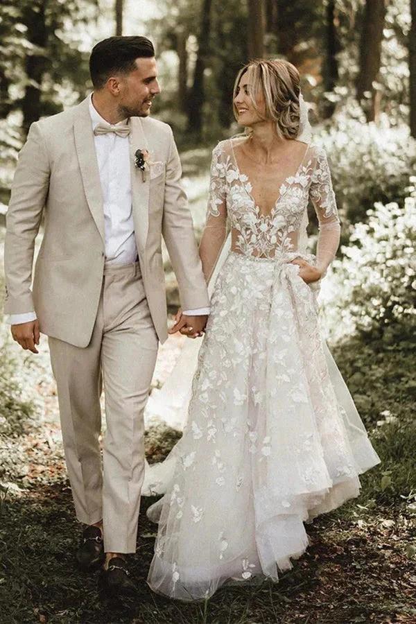 A-line Long Sleeves Wedding Dresses Lace V Neckline Bridal Gowns (ZD16220)