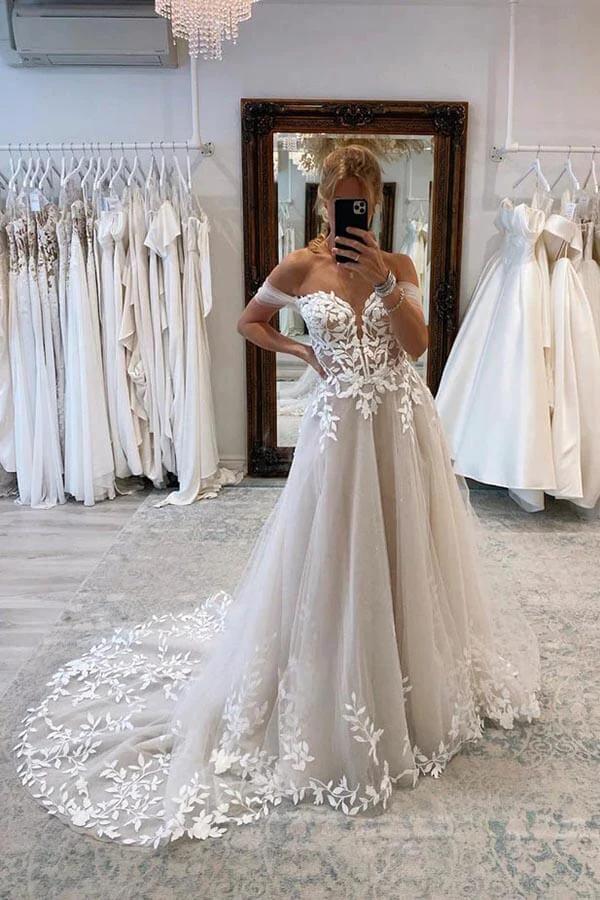 A-line Off-the-Shoulder Wedding Dresses With Lace Appliques Bridal Gown (ZD16158) - VelvetHem