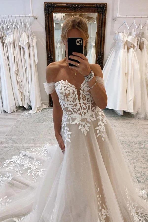 A-line Off-the-Shoulder Wedding Dresses With Lace Appliques Bridal Gown (ZD16158)