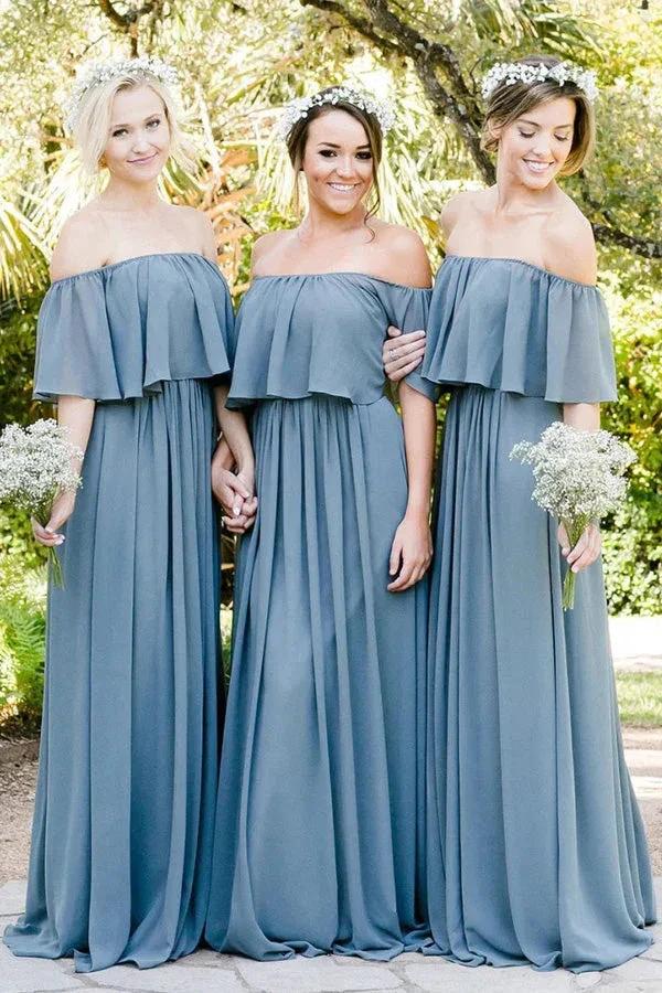 Off Shoulder Ruffles Pleated Gray Blue Bridesmaid Dress (ZD12847) - VelvetHem