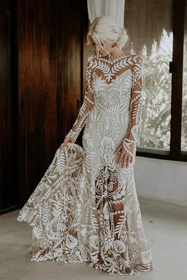 Sheath Unique Lace Long Sleeves Bohemian Wedding Dress (ZD16073) - VelvetHem