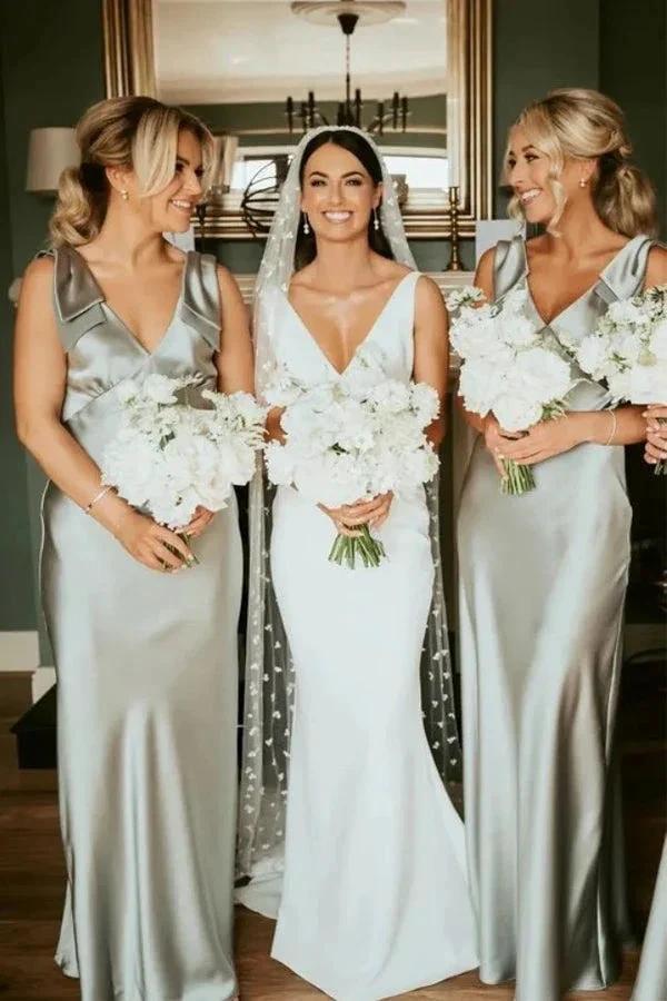 Sheath V-Neck Sage Green Bridesmaid Dresses with Bow Tie (ZD12849) - VelvetHem