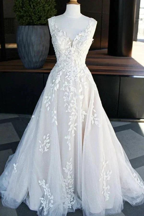 A-line V -neck Sweep Train Wedding Dresses With Lace Appliques (ZD16126)