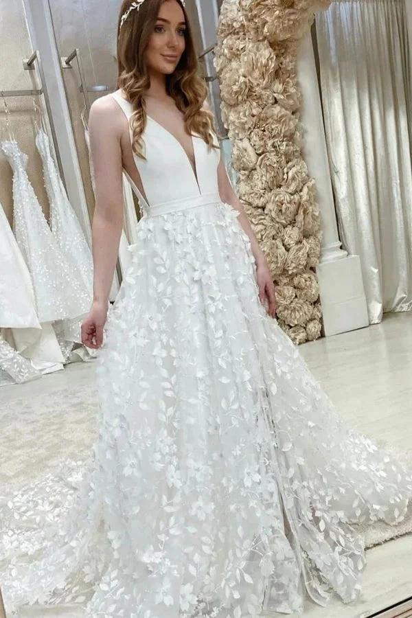 A-line V Neck Elegant Floral Lace Wedding Dresses (ZD16127) - VelvetHem