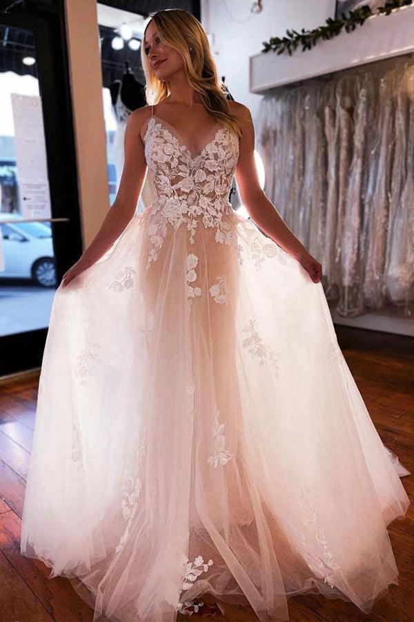 A-line V Neck Light Champagne Tulle Ivory Lace Wedding Dress (ZD16209) - VelvetHem