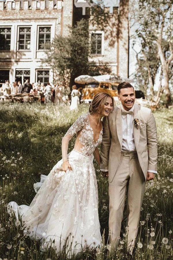 A-line Long Sleeves Wedding Dresses Lace V Neckline Bridal Gowns (ZD16220)