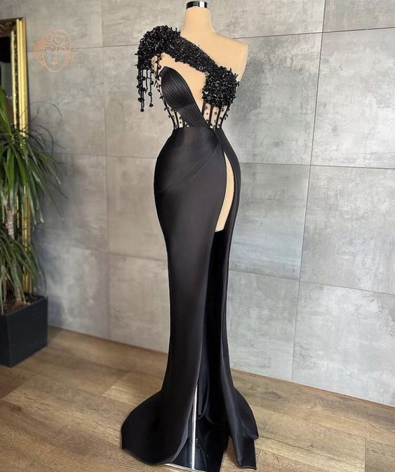 Black Evening Dresses One Shoulder Evening Dresses Black Prom Dresses Y6674 - VelvetHem