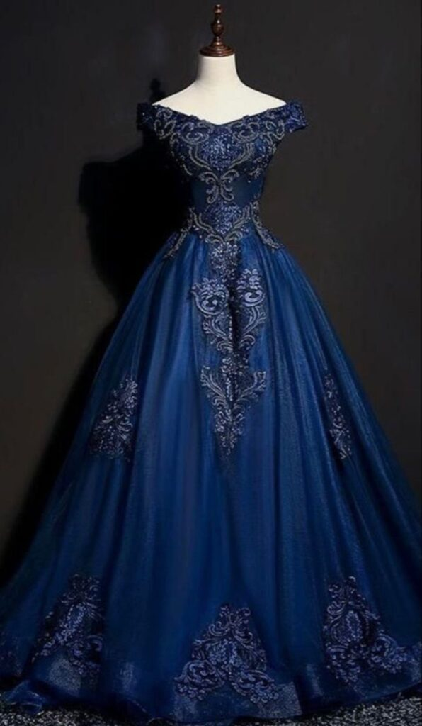Unique Off The Shoulder Tulle Sequins Appliques Prom Dress Navy Blue A Line Evening Dress Y8377 - VelvetHem