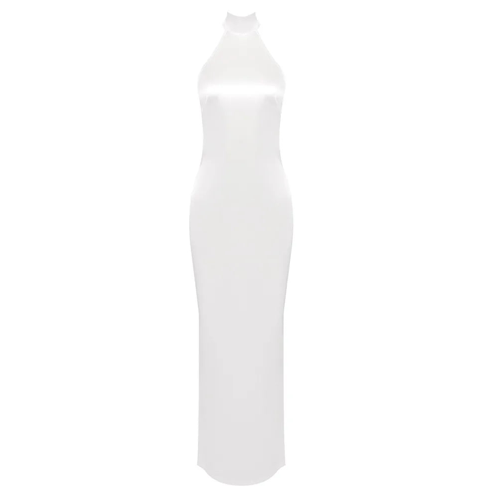 High Neck Satin Bareback Sleeveless Long Dress