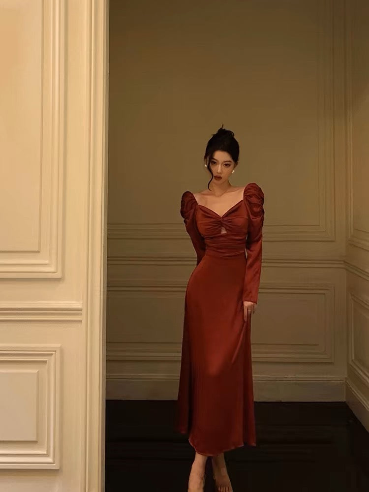 Sexy A line Long Sleeves Red Satin Prom Dresses Birthday Outfits - VelvetHem