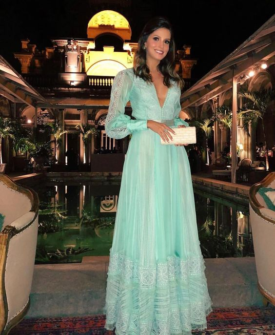 A-line V Neck Long Sleeves Evening Dress Fashion Evening Gown Y6306 - VelvetHem