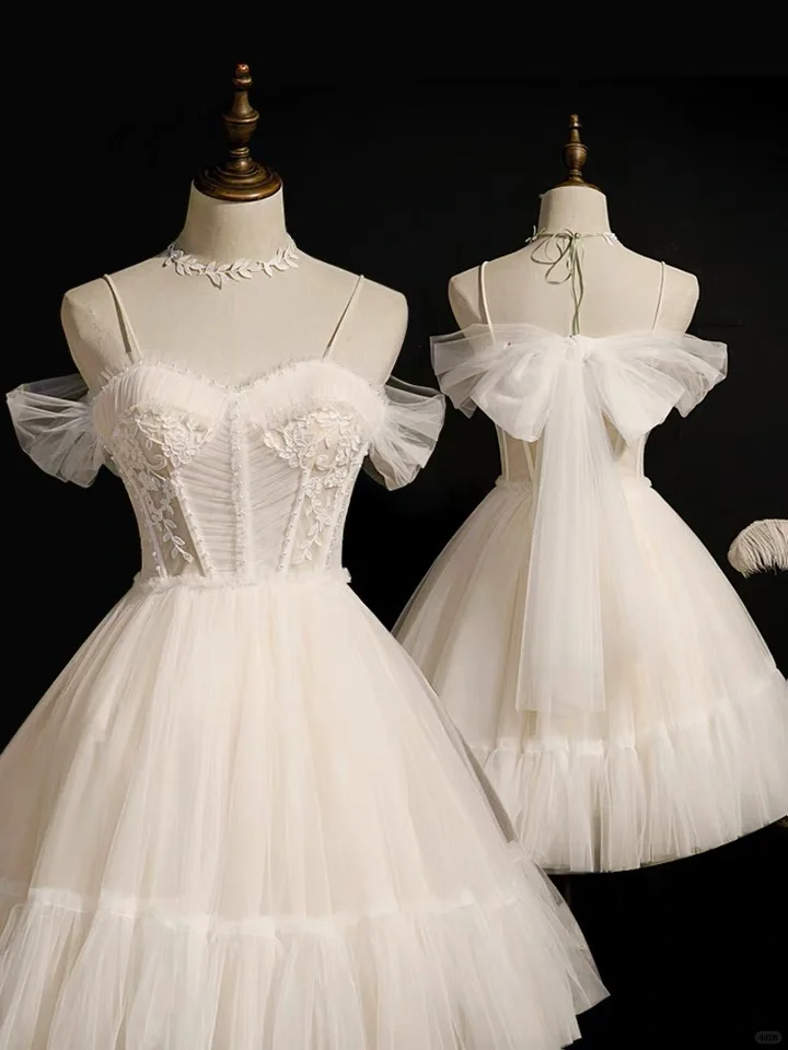 Classy Spaghetti Straps White Tulle A Line Birthday Outfits Formal Homecoming Dress