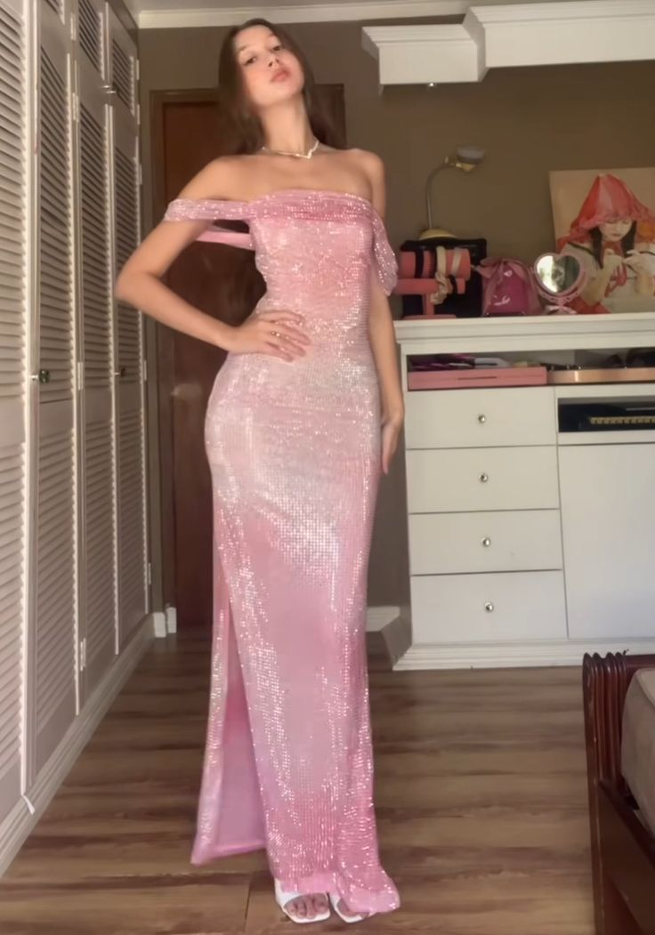 Glitter Pink Sequins Off The Shoulder Long Prom Dress Slit Party Evening Gown - VelvetHem