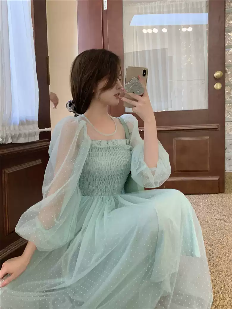 Light green skirt hollow French super fairy puff sleeve polka dot mesh dress sexy party dress - View 5 | VelvetHem