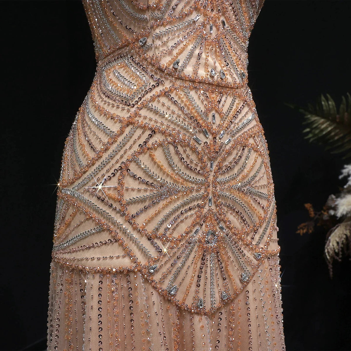 Champagne Beaded Mermaid Evening Dress Luxury Saudi Wedding Gown Customized (ZD17070)