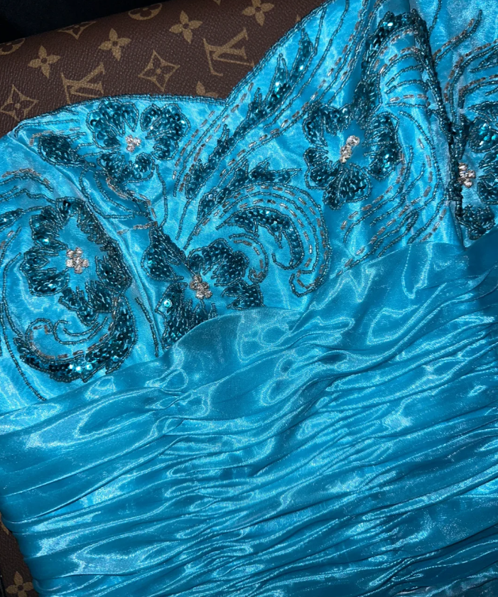 Elegant Strapless Satin Organza Beaded Mermaid Evening Dress Blue Long Party Gown - View 3 | VelvetHem