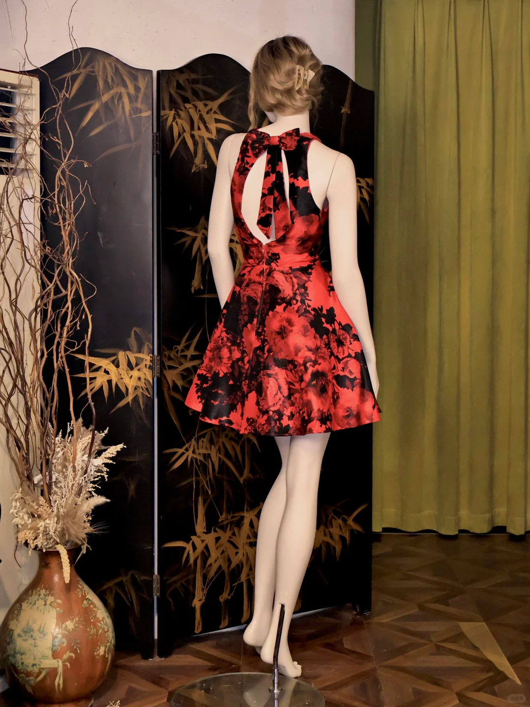 Vintage V Neck Red Satin Print Floral A Line Birthday Party Dress Bow Backless Formal Homecoming Dress