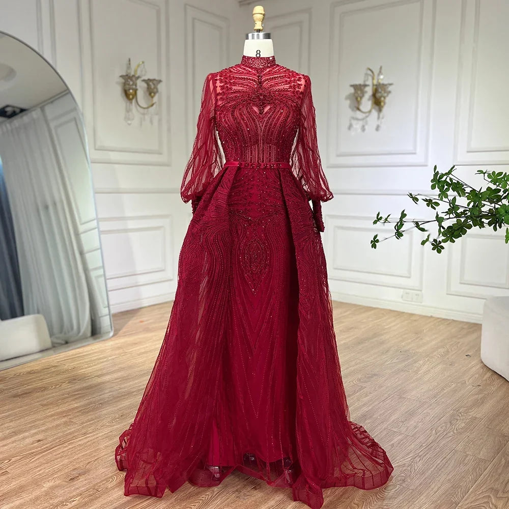 Zapdress Customized Wine Red Long Sleeves Overskirt Evening Dresses 2024 Muslim Party Gowns For Women Plus Size (ZD17306) - VelvetHem